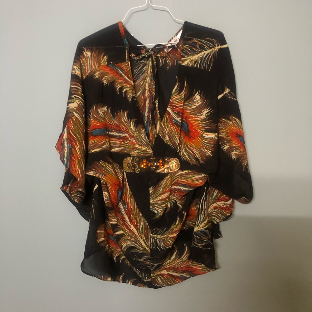 Black Feather-Print Kimono Blouse with Tie Neck